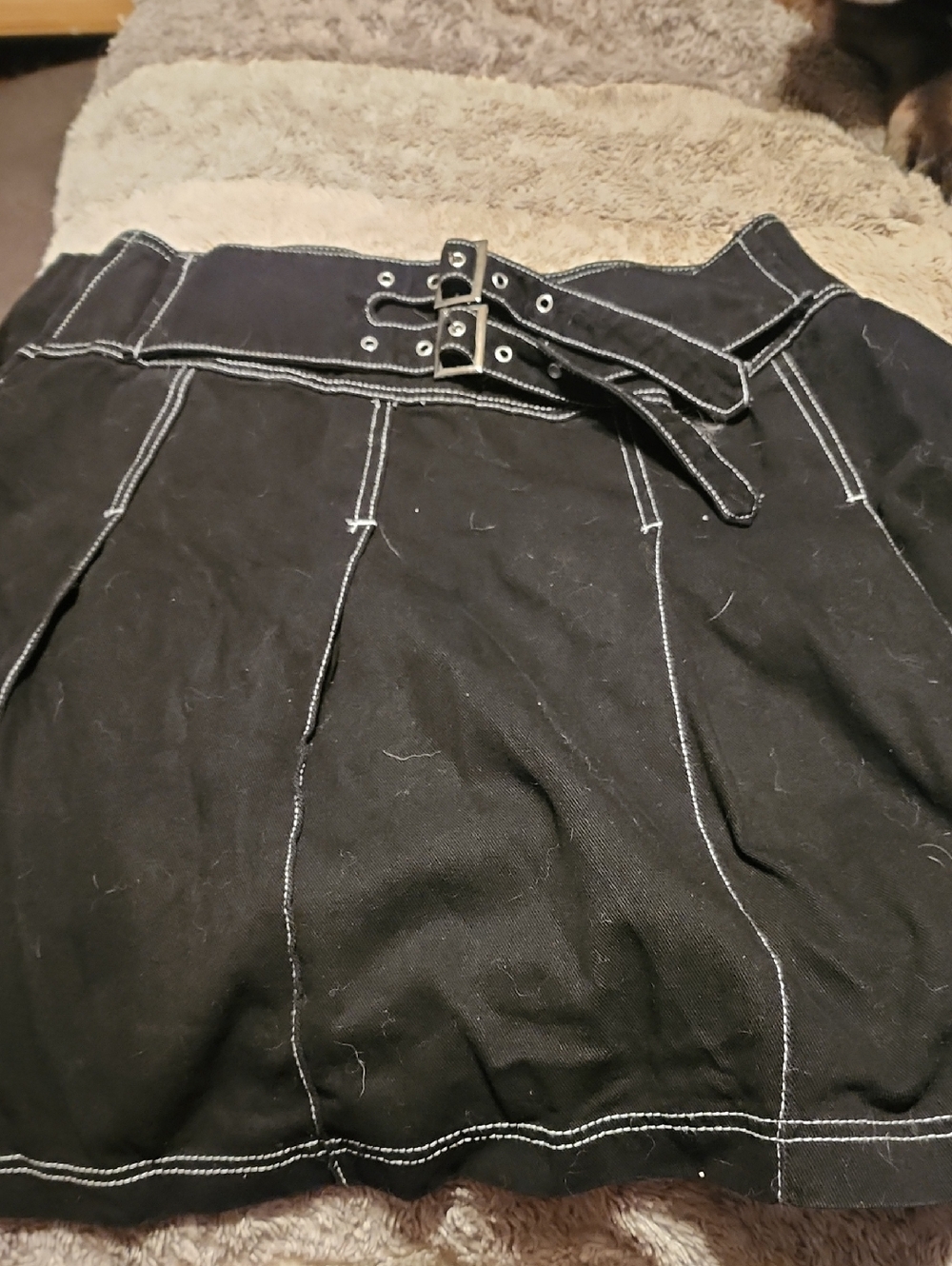 SHEIN Black Midi Skirt with Contrast White Stitching and Belt